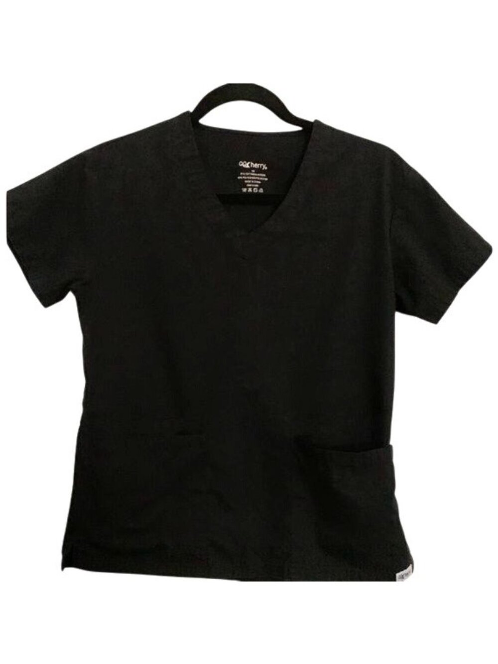 Womens Black QQ Cherry Scrub Top XS V-Neck 2-Pocket Cotton/Polyester Blend